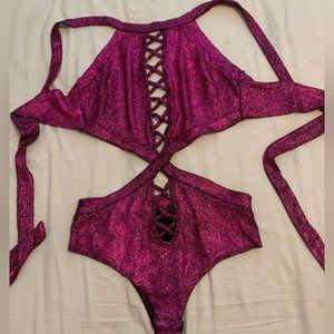 Dolls kill hot pink metallic rave bodysuit
